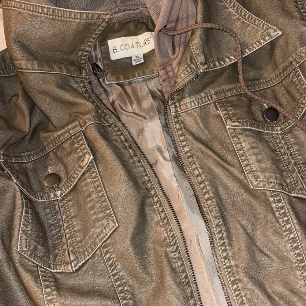 Women’s Mocha Hooded Faux Leather Coat w/tags
